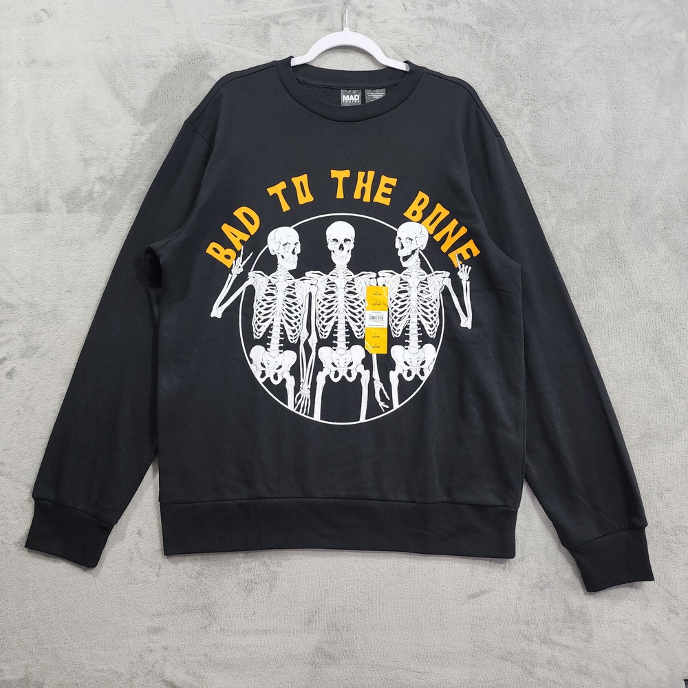 Mad Engine Sweatshirt Mens L Black Bad To The Bone Skeleton Graphic Halloween